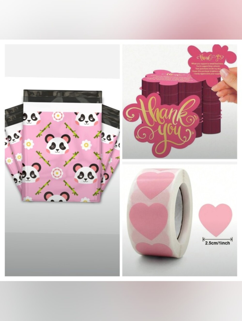 30pc-Panda 🐼 Poly Mailers - Thank You Cards & Heart Stickers (Pink 🩷)